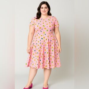 Unique Vintage Gwynnie Bee Avocado summer fruit Pink Fit-And-Flare‎ Dress, M
